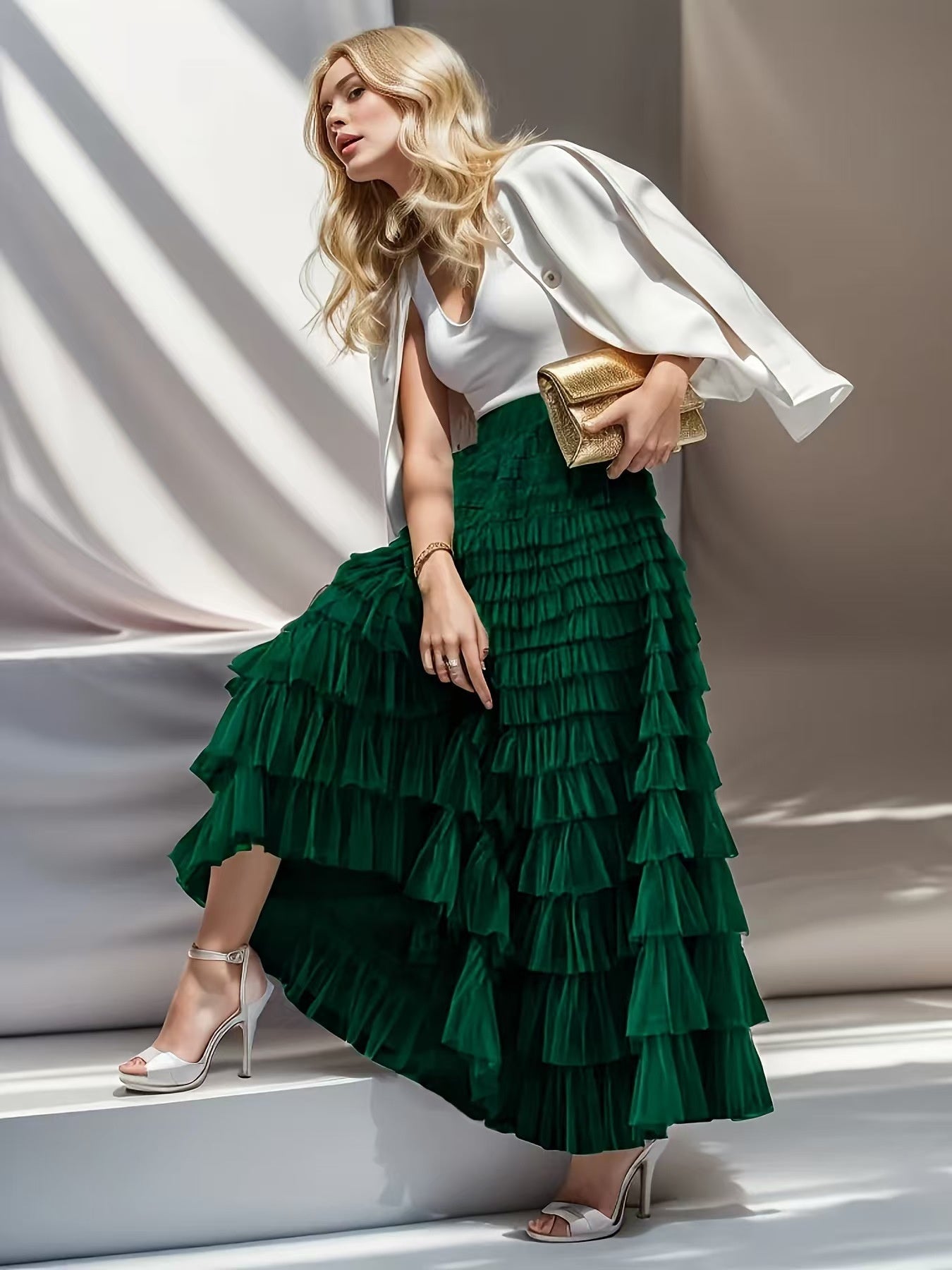 Women’s Summer Mesh Maxi Skirt – Layered Ruffle Cake Style Party Outfit