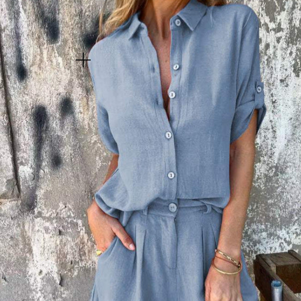 Women’s Summer Two-Piece Suit – Lapel Short Sleeve Button Shirt with Pocket Shorts
