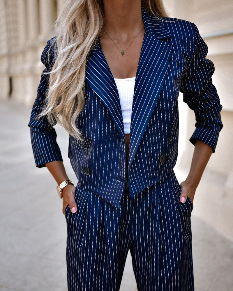 Women’s Spring Striped Suit – Casual Lapel Cropped Jacket with Straight Pants