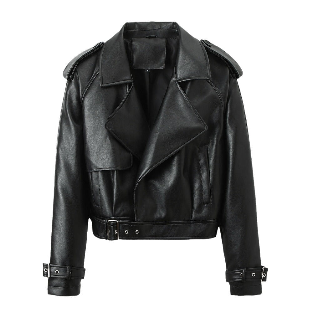 Damen-Lederjacke, einfarbig, leger, weite Passform