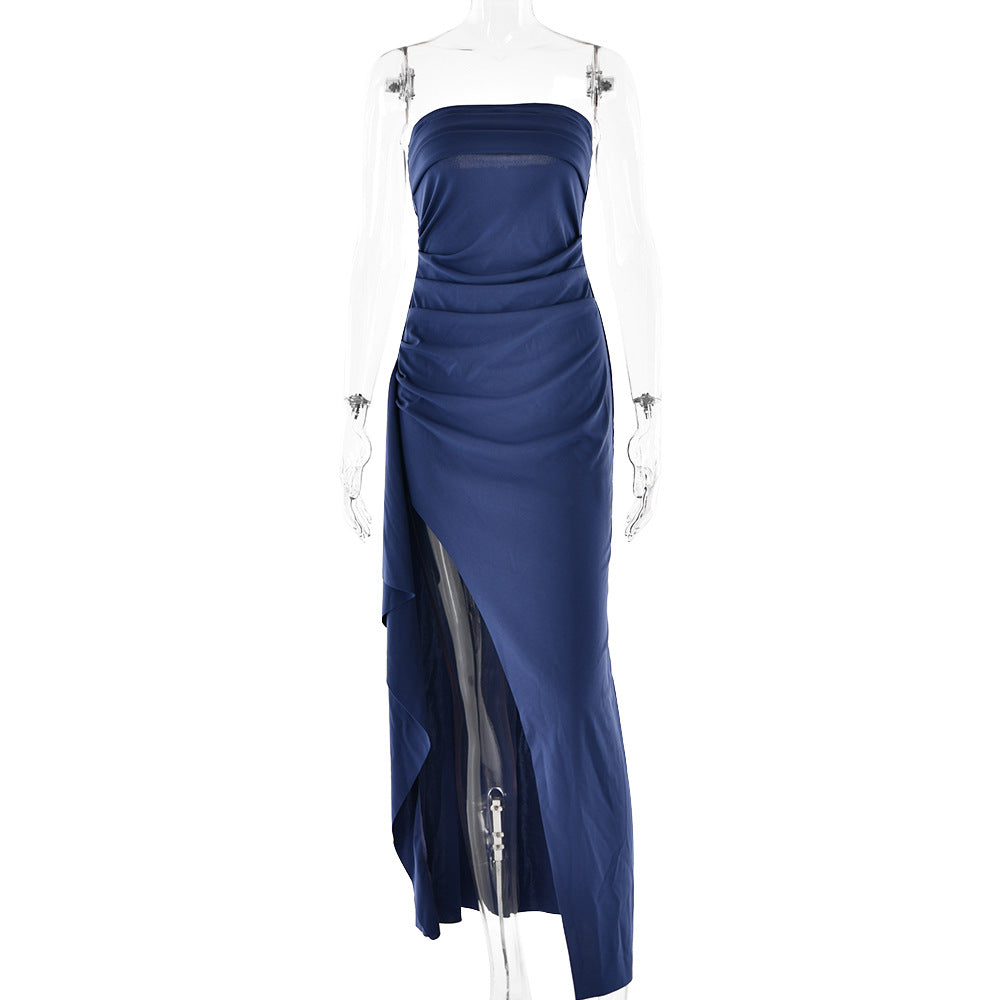 Trägerloses plissiertes Maxi-Brautjungfernkleid für Damen
