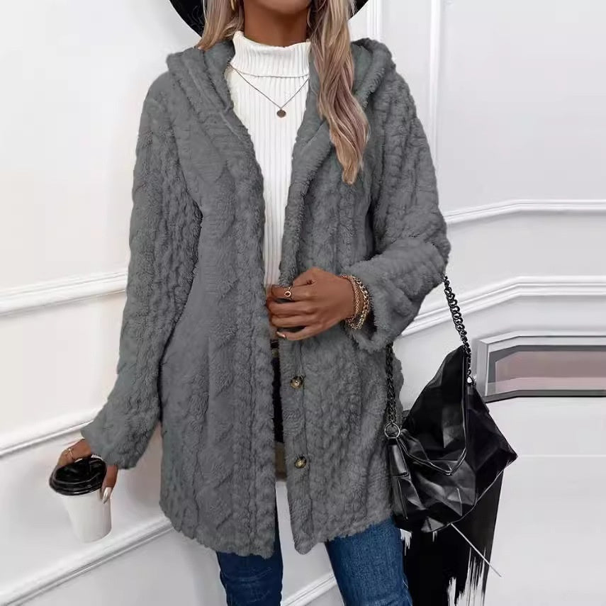 Kapuzenstrickjacke mit Knöpfen, langer Jacke, Winter, einfarbig, Langarmmantel