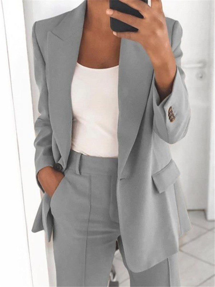 Trendy Women’s Workwear – Casual Long Sleeve Blazer Jacket with Slim Fit Trousers