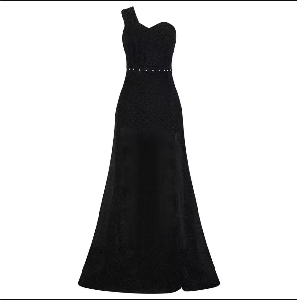 Damenbekleidung Ein-Schulter-ärmelloses Kleid mit Bronzierung und Schlitz