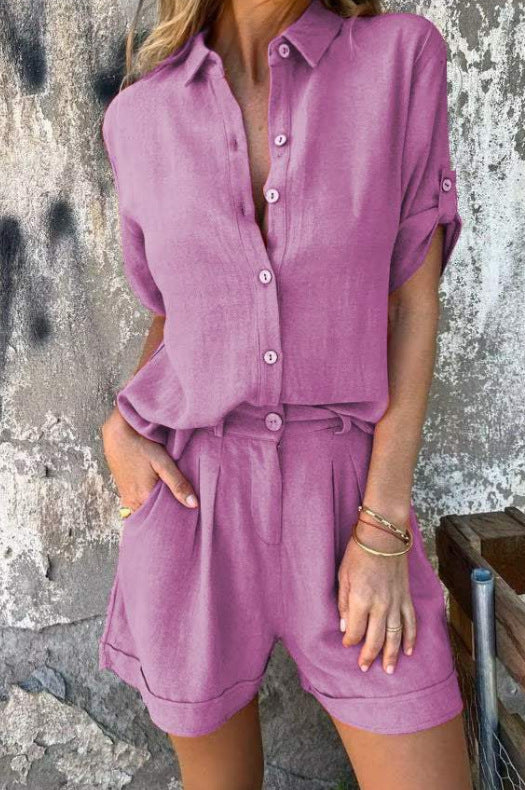 Women’s Summer Two-Piece Suit – Lapel Short Sleeve Button Shirt with Pocket Shorts