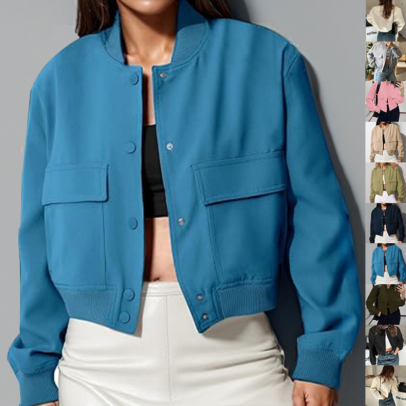 Trendy Women’s Fashion Coat – Casual Stand-Collar Short Jacket Long Sleeve