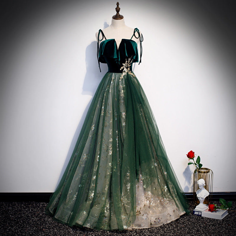 Bankett-Schlinge Temperament Langes Kleid Dunkelgrün Fantasy Mori