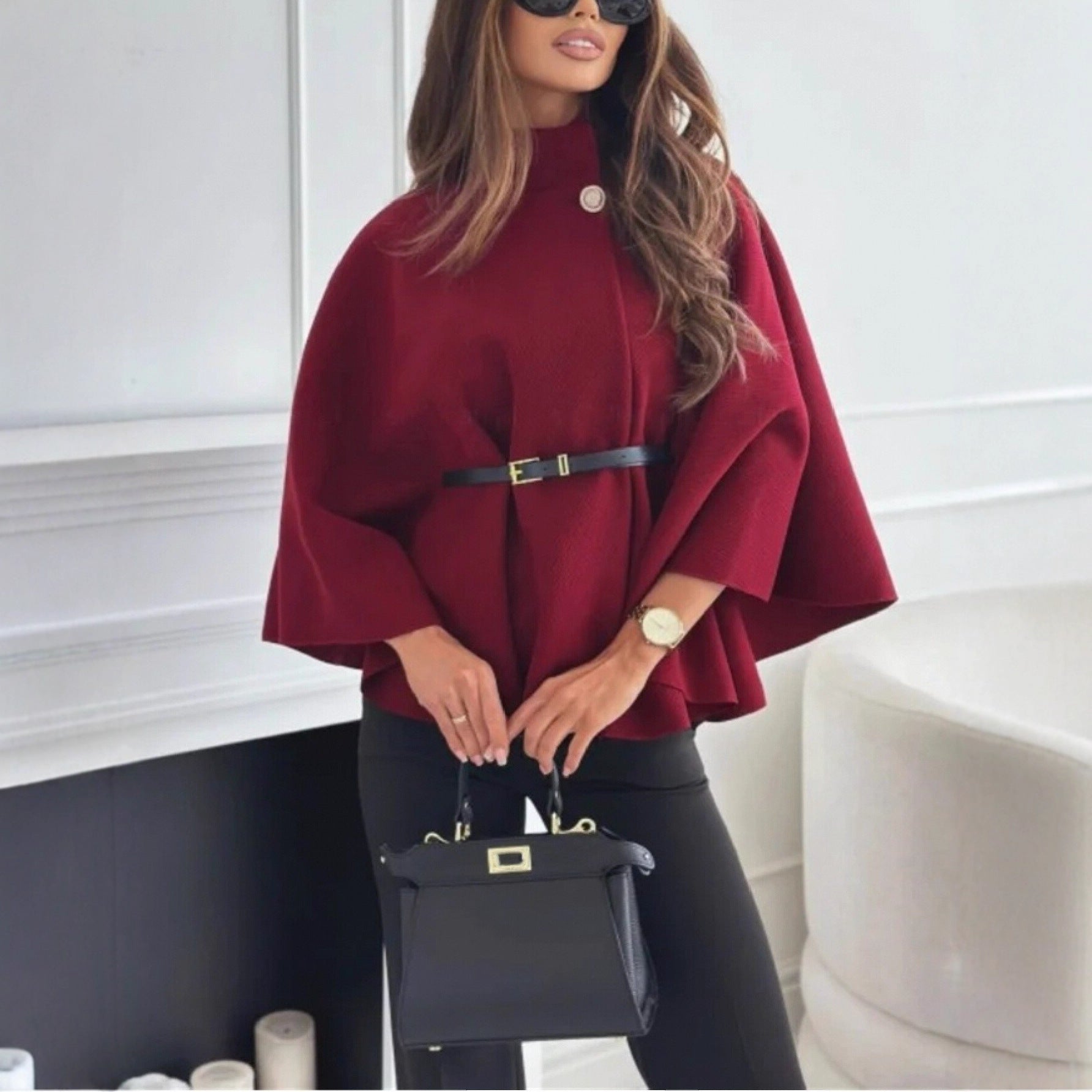 Women’s Woolen Cloak Jacket – Stand Collar Batwing Sleeve Belted Sweater Outwear