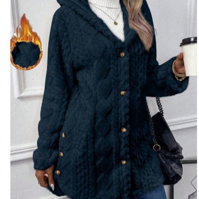 Kapuzenstrickjacke mit Knöpfen, langer Jacke, Winter, einfarbig, Langarmmantel