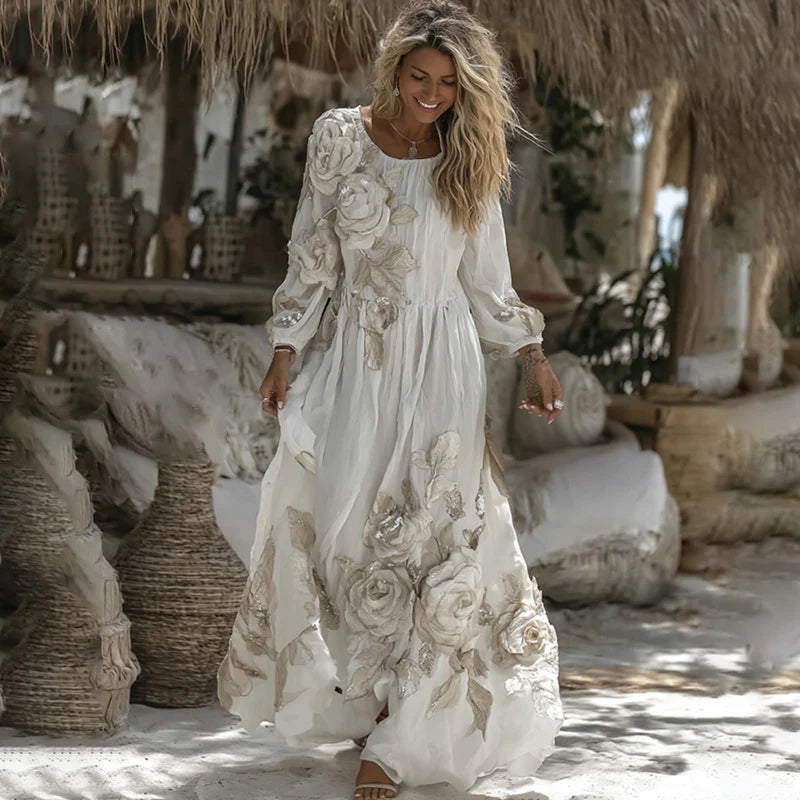 Retro Bohemian Floral Linen Maxi Dress, Loose Fit