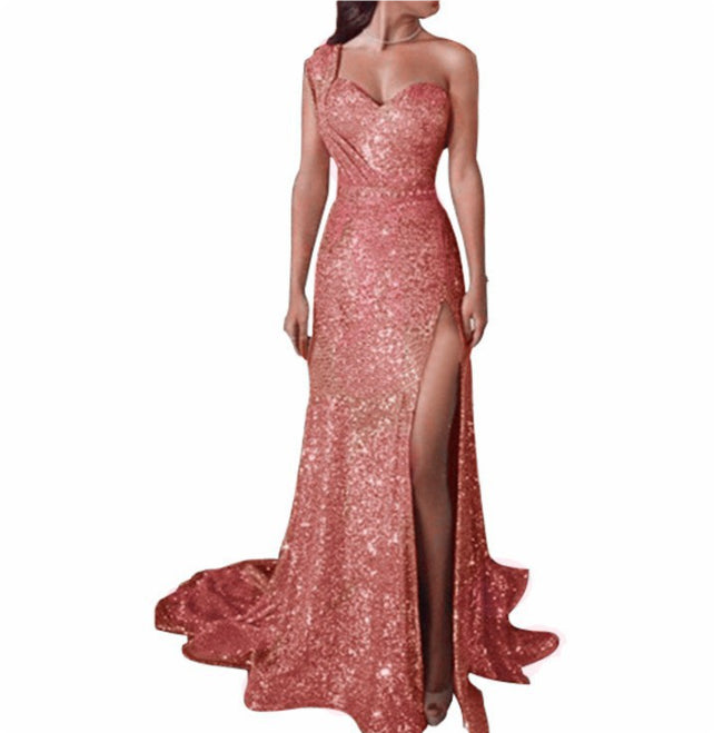 Damenbekleidung Ein-Schulter-ärmelloses Kleid mit Bronzierung und Schlitz