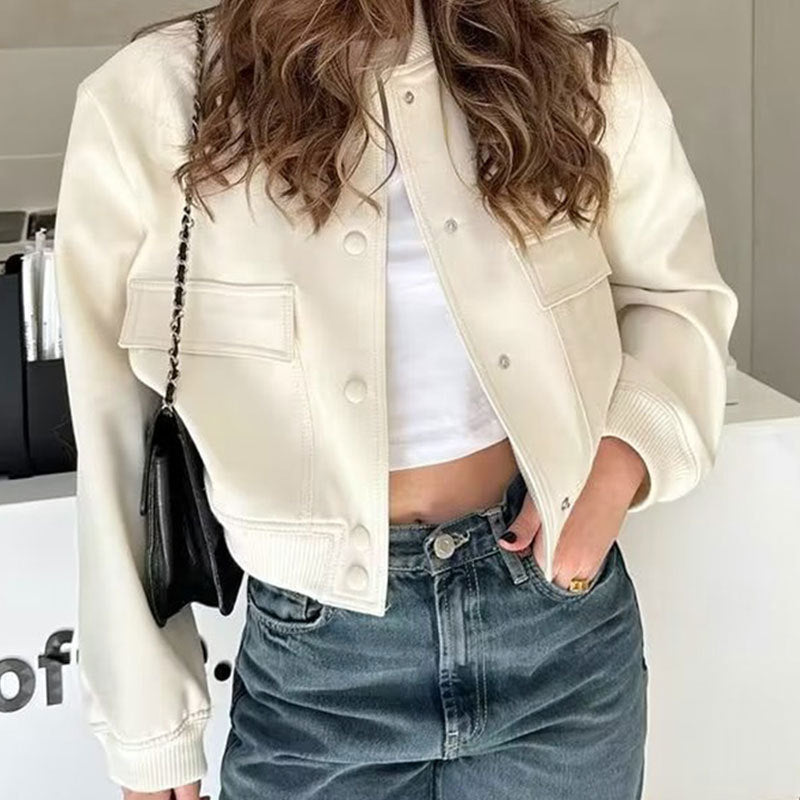 Trendy Women’s Fashion Coat – Casual Stand-Collar Short Jacket Long Sleeve