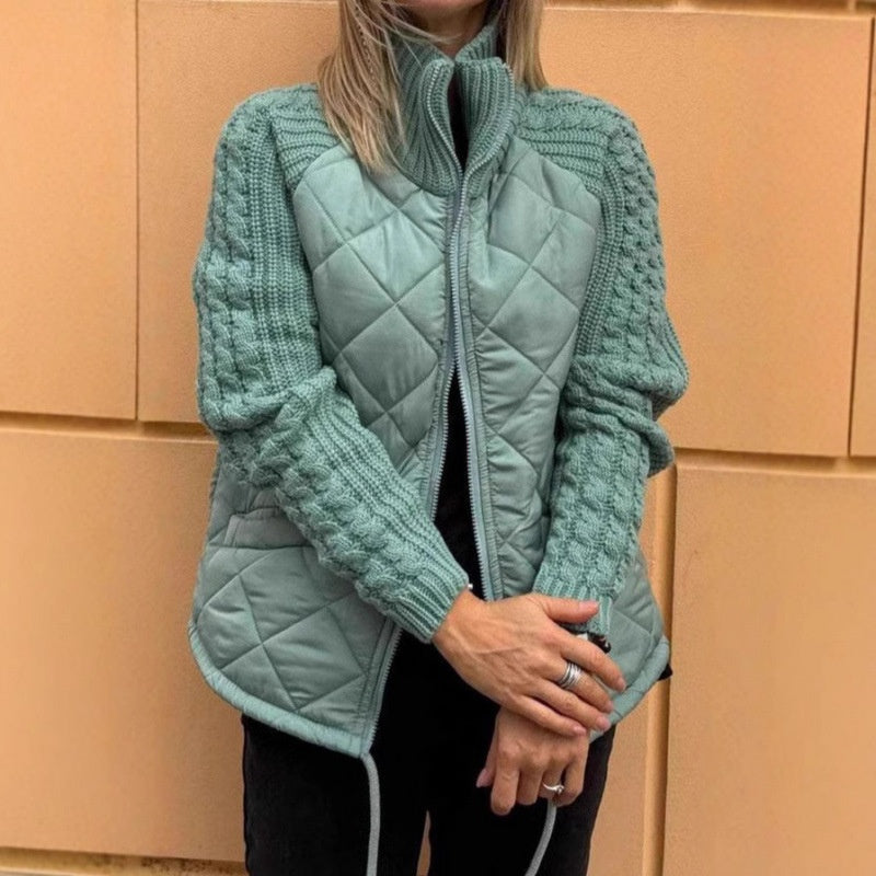 Winter Stehkragen Baumwolljacke mit Taschen Mode Gestrickte Nähte Reißverschluss Mantel Warme Oberteile für Damen Kleidung