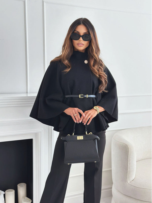 Women’s Woolen Cloak Jacket – Stand Collar Batwing Sleeve Belted Sweater Outwear