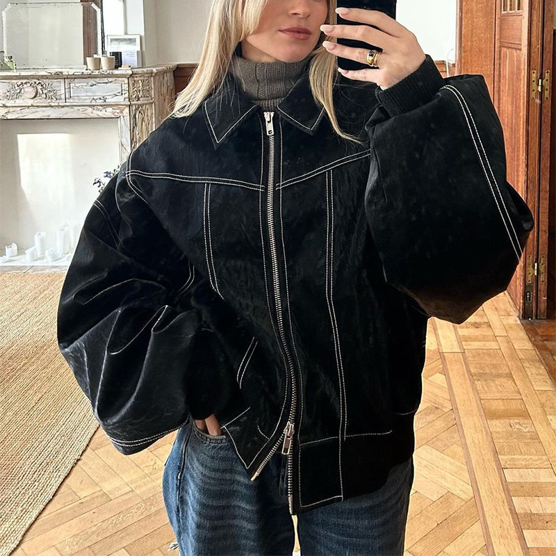 Lockere Mode Revers Jacke Reißverschluss Coole Langarm Reißverschluss Moto Biker Lederjacke Damenbekleidung