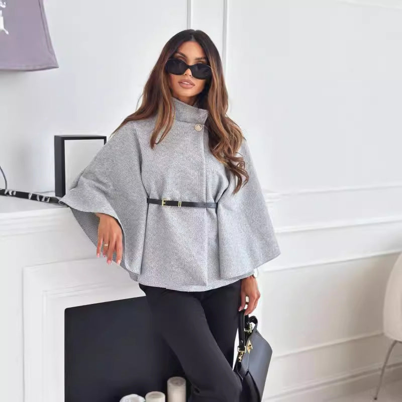 Women’s Woolen Cloak Jacket – Stand Collar Batwing Sleeve Belted Sweater Outwear