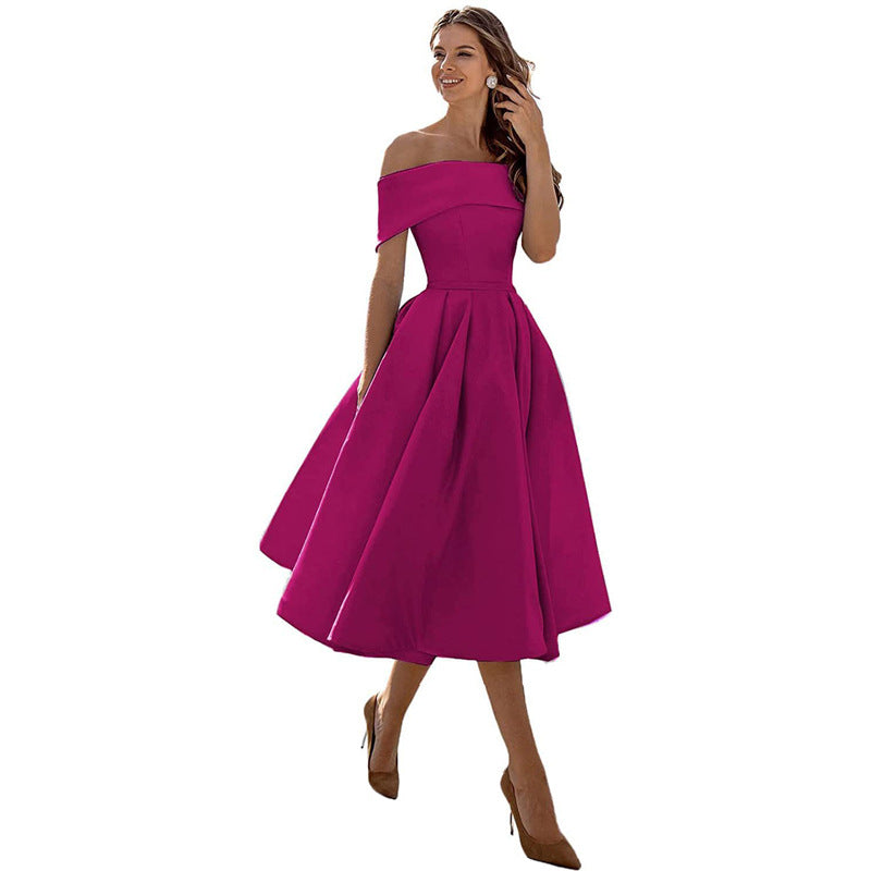Elegant Satin Strapless Dress – Women’s Off-Shoulder Tea-Length Evening Outfit with Pockets