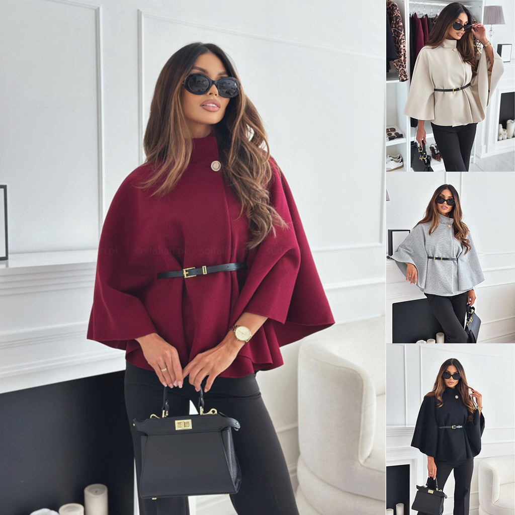 Women’s Woolen Cloak Jacket – Stand Collar Batwing Sleeve Belted Sweater Outwear