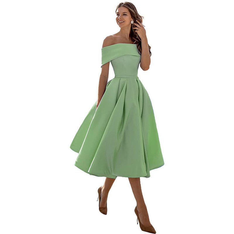 Elegant Satin Strapless Dress – Women’s Off-Shoulder Tea-Length Evening Outfit with Pockets
