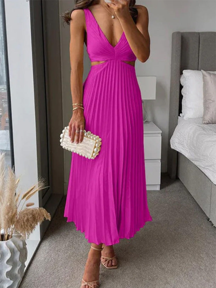 Elegant Pleated Long Dress – Hollow Waist V-Neck Backless Suspender Style