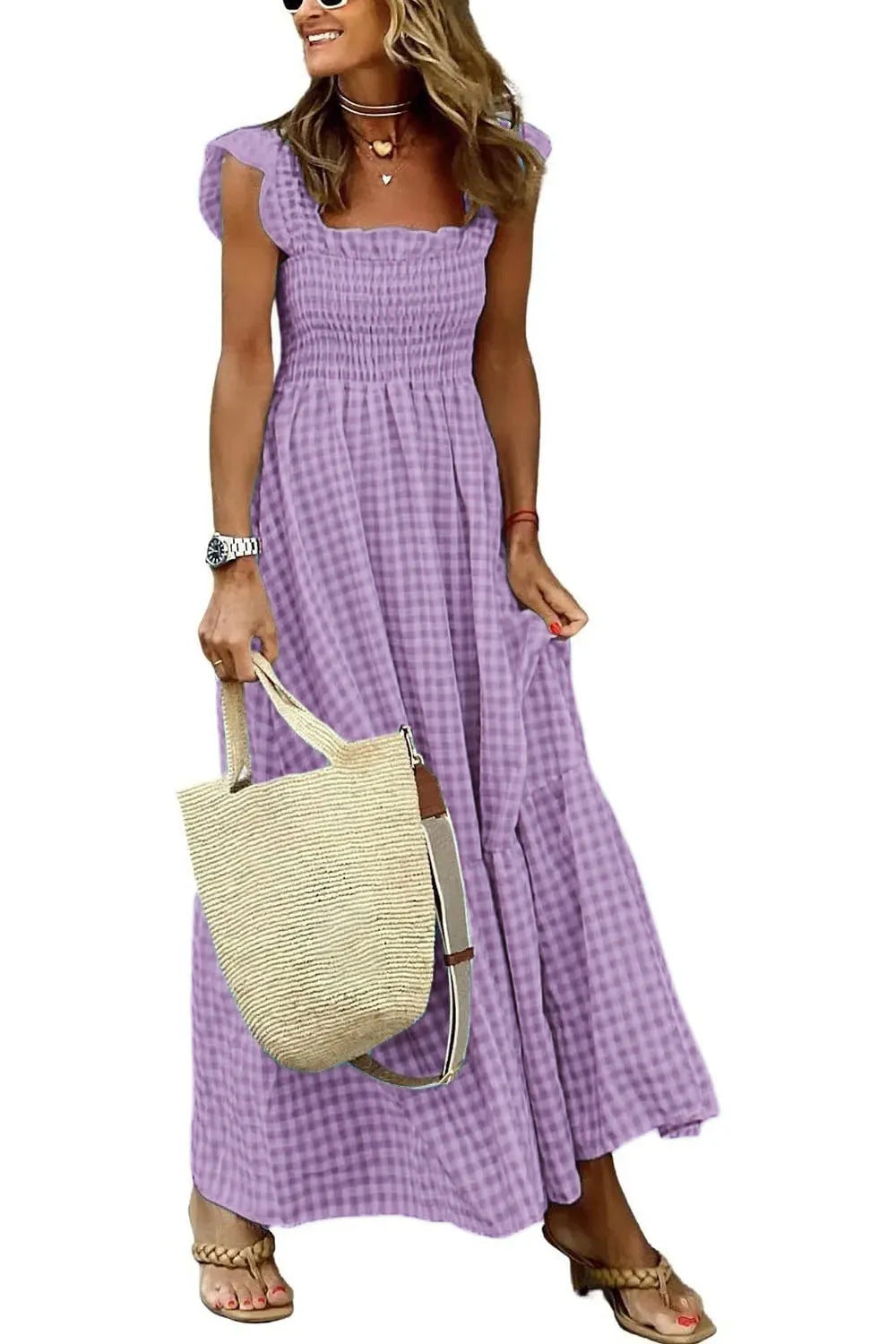 Women’s Summer Plaid Dress – Sleeveless A-Line Pleated Ruffle Beach Outfit