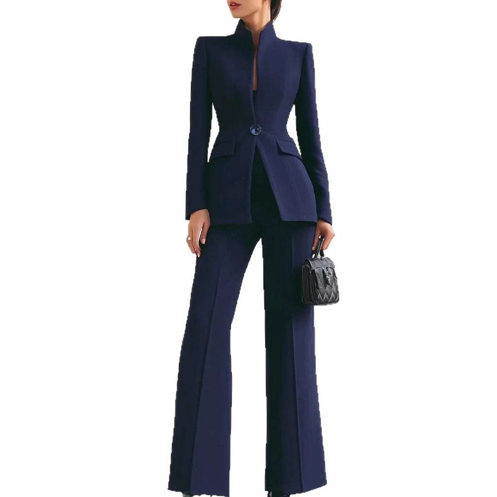 Eleganter zweiteiliger Damenanzug – Langarm-Blazer & Hose mit weitem Bein