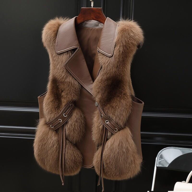 Pelzweste Kurzmantel Herbst und Winter Neue Patchwork Winterfuchs Pelzjacke Damen Kurzer Kunstpelzmantel Elegante Weibliche Warme Weste