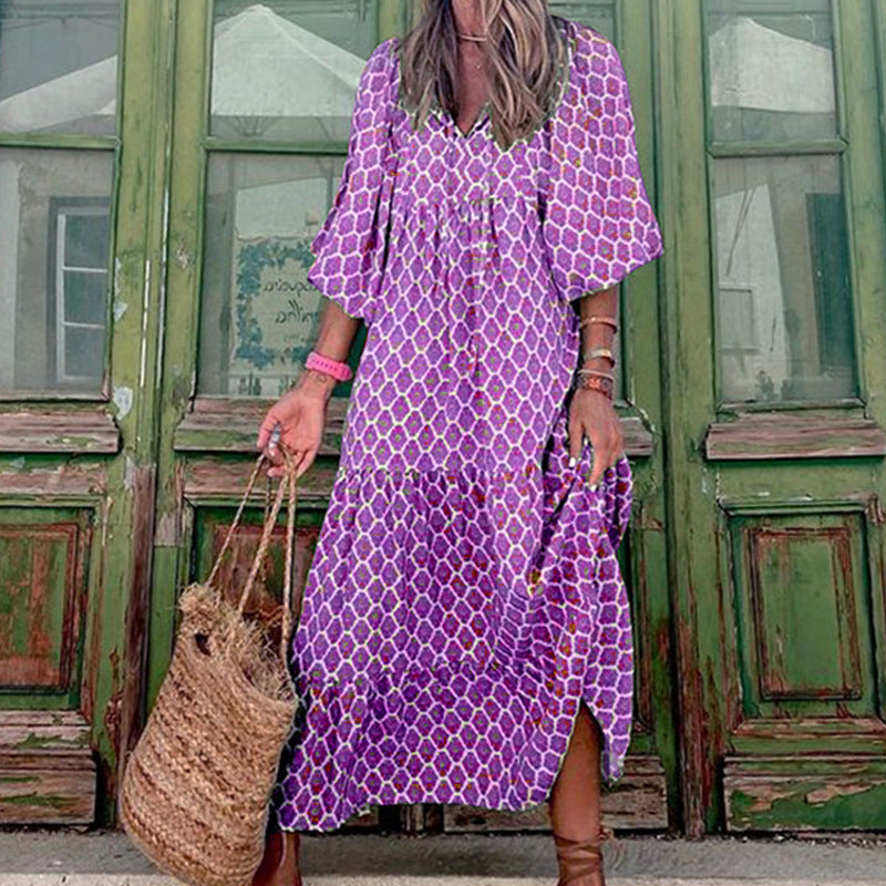 Vintage Bohemian Maxi Dress – Elegant V-Neck Short Sleeve Summer Outfit