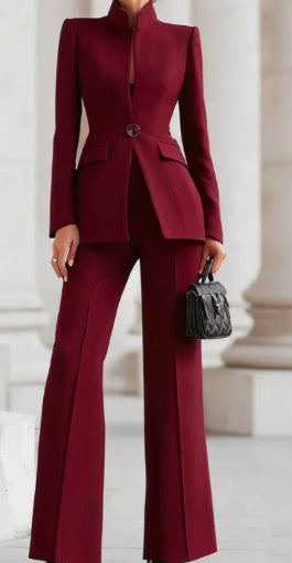 Eleganter zweiteiliger Damenanzug – Langarm-Blazer & Hose mit weitem Bein