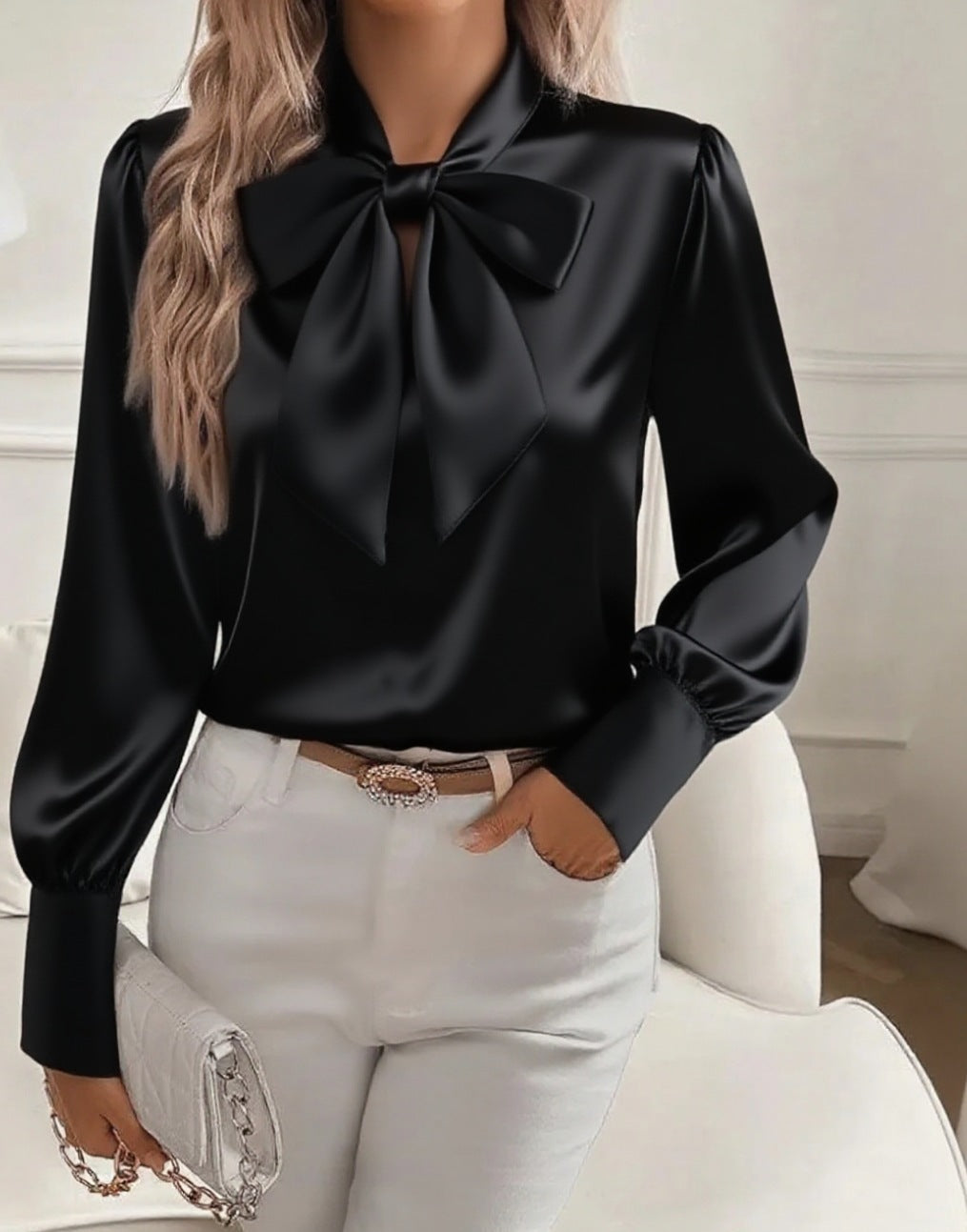 Women’s Elegant Bow-Tie Blouse – Long Sleeve Lace-Up Pullover Fashion Top