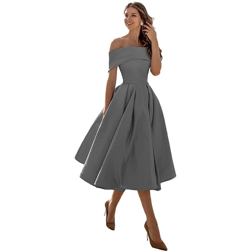 Elegant Satin Strapless Dress – Women’s Off-Shoulder Tea-Length Evening Outfit with Pockets