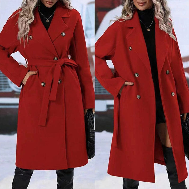 Revers-Zweireiher-Trenchcoat mit Gürtel Wintermode Einfarbig Lange Jacke Oberbekleidung Damenbekleidung