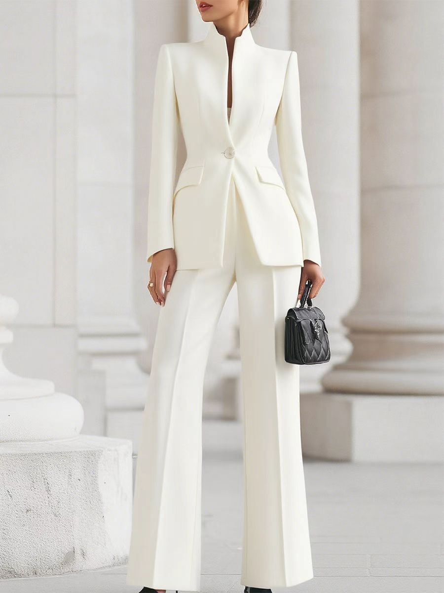 Eleganter zweiteiliger Damenanzug – Langarm-Blazer & Hose mit weitem Bein