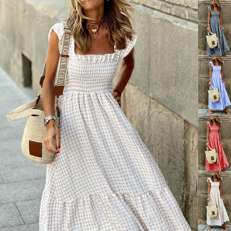 Women’s Summer Plaid Dress – Sleeveless A-Line Pleated Ruffle Beach Outfit