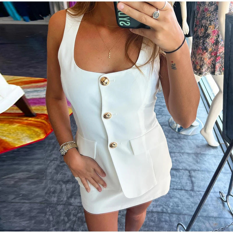 Luxury Square Collar Sleeveless Slim Fit Two-Piece Suit for Women