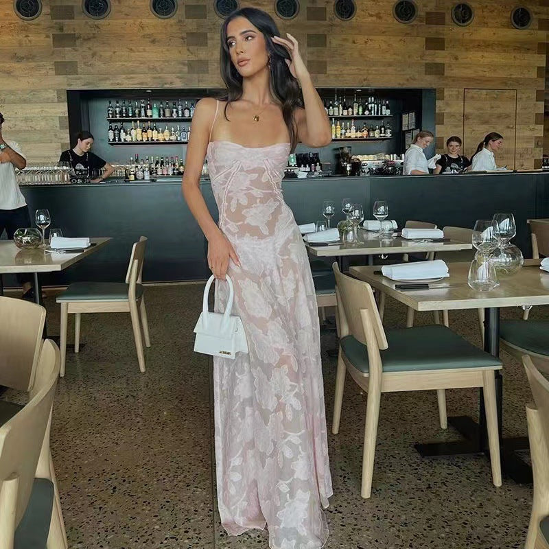 Robe Longue Fleurie en Dentelle pour Femme – Robe de Soirée Sexy à Bretelles et Dos Nu