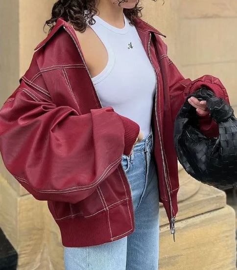 Lockere Mode Revers Jacke Reißverschluss Coole Langarm Reißverschluss Moto Biker Lederjacke Damenbekleidung