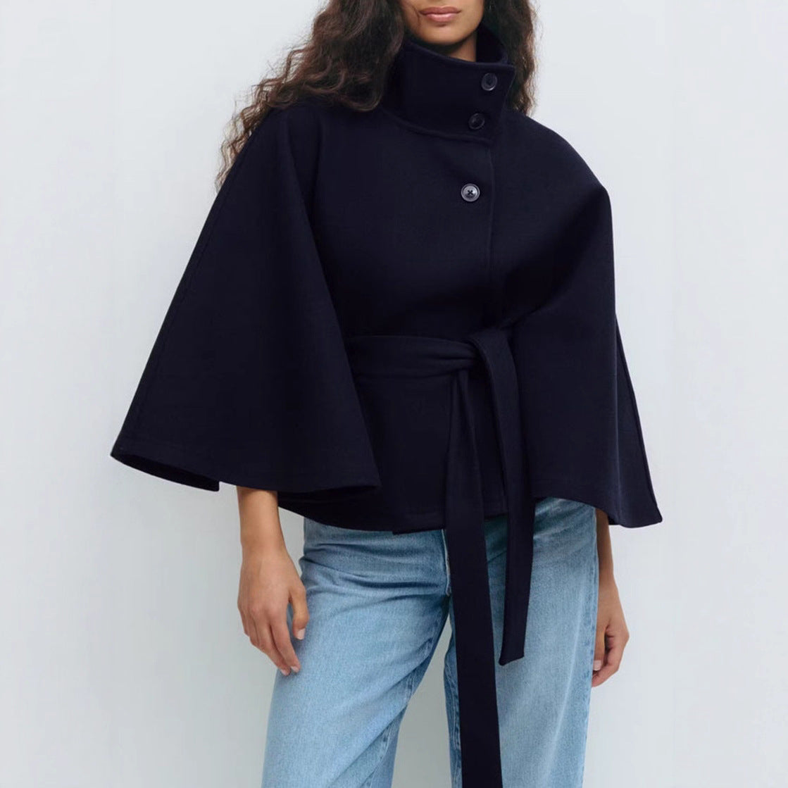 Stylish Women’s Outwear – Loose Fit High Neck Batwing Sleeve Trench Coat