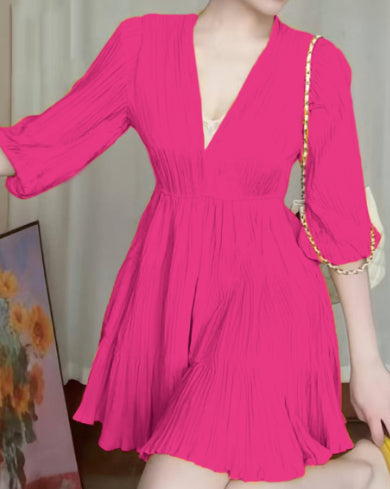 A-line V-neck Mini Dress with Lantern Sleeves