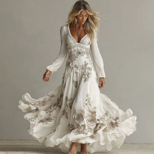 Retro Bohemian Floral Linen Maxi Dress, Loose Fit