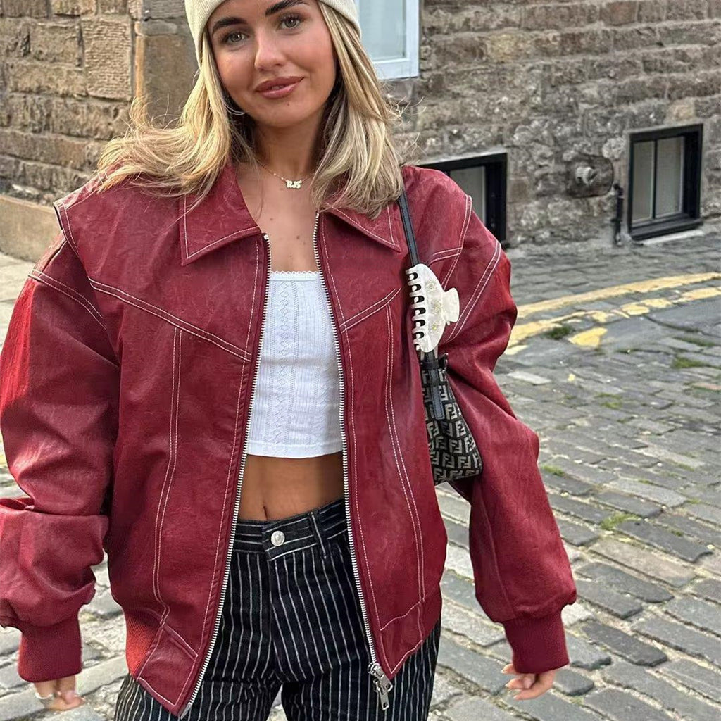 Lockere Mode Revers Jacke Reißverschluss Coole Langarm Reißverschluss Moto Biker Lederjacke Damenbekleidung
