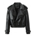 Damen-Lederjacke, einfarbig, leger, weite Passform