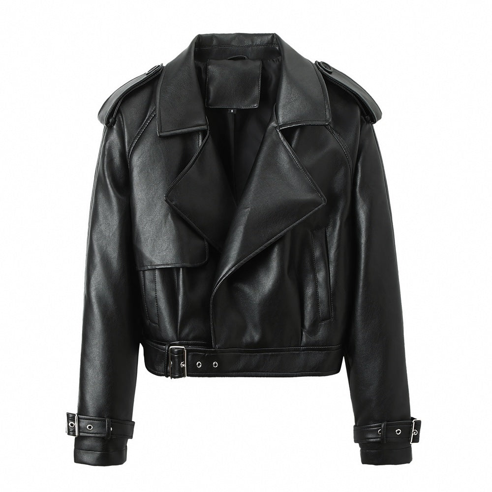 Damen-Lederjacke, einfarbig, leger, weite Passform