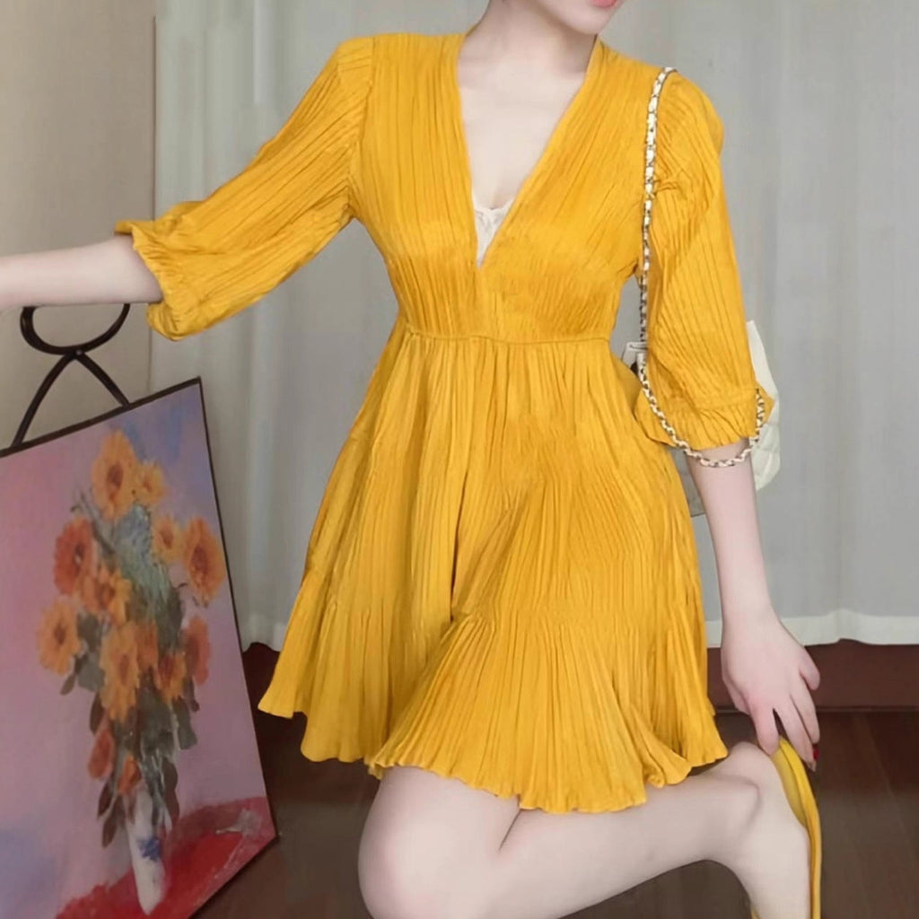 A-line V-neck Mini Dress with Lantern Sleeves