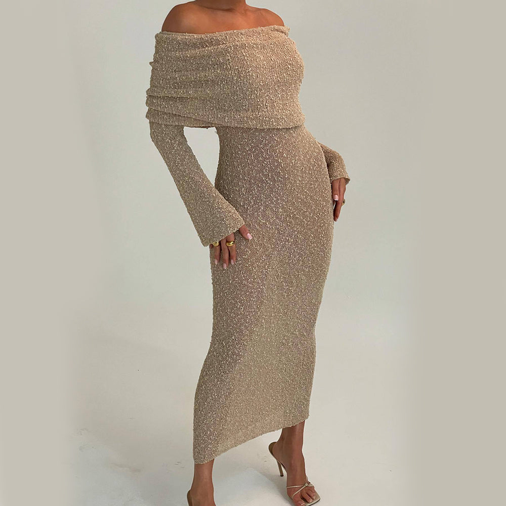 Stylisches Abendkleid – Figurbetont, gestrickt, schulterfrei, lang, modisch