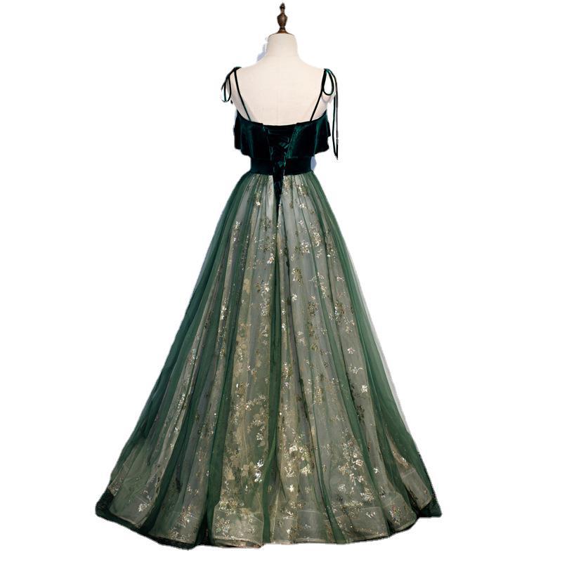 Bankett-Schlinge Temperament Langes Kleid Dunkelgrün Fantasy Mori