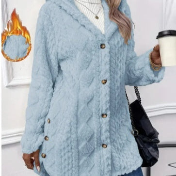 Kapuzenstrickjacke mit Knöpfen, langer Jacke, Winter, einfarbig, Langarmmantel