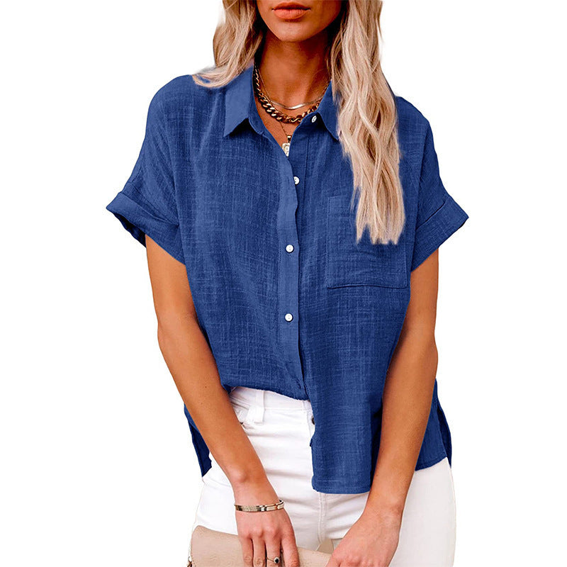 Women’s Summer Lapel Shirt – Solid Color Short Sleeve Button Top with Pockets