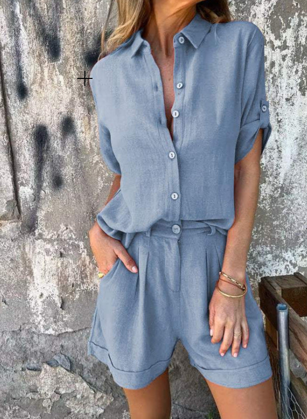 Women’s Summer Two-Piece Suit – Lapel Short Sleeve Button Shirt with Pocket Shorts