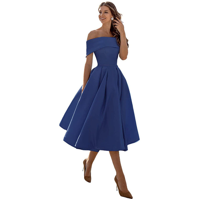Elegant Satin Strapless Dress – Women’s Off-Shoulder Tea-Length Evening Outfit with Pockets